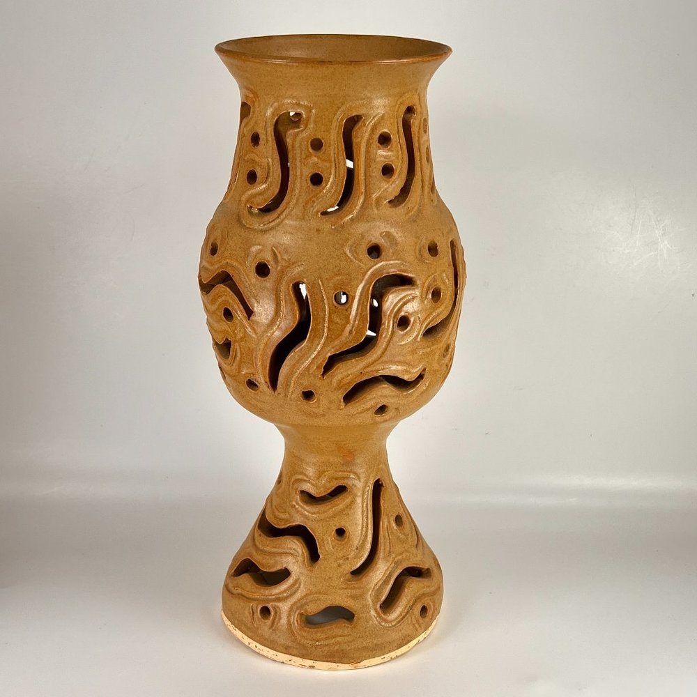 Pottery Candle Holder Luminary Reticulated Stoneware Artisan Hand Thrown Signed